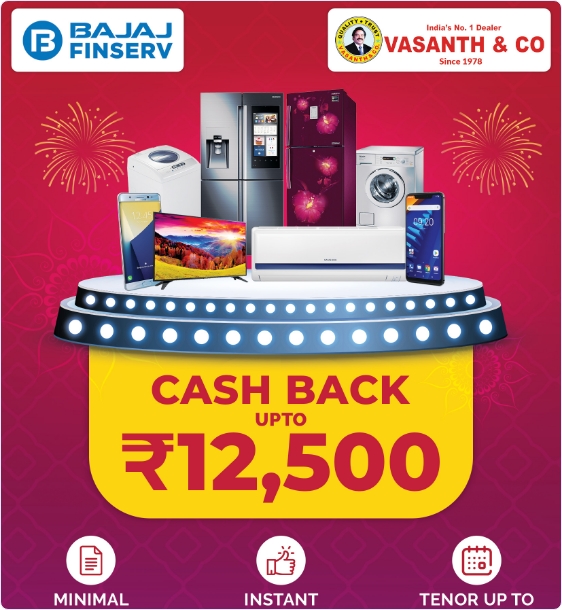 Advertisement featuring home appliances and electronics with a cashback offer of up to ₹12,500 by Bajaj Finserv and Vasanth & Co.
