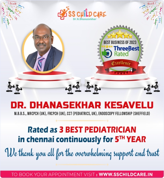 Portrait of Dr. Dhanasekhar Kesavelu with credentials and a badge indicating he’s rated among the top 3 pediatricians in Chennai for 5 consecutive years by ThreeBestRated; includes a thank you message and clinic website.
