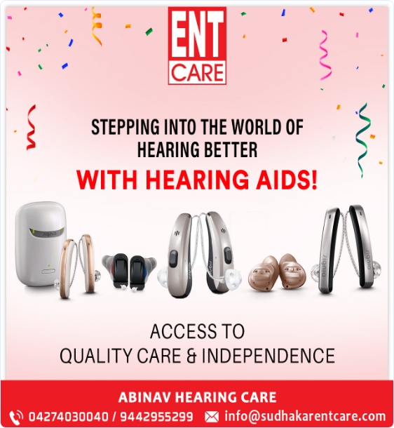 Promotional image for ENT Care featuring various hearing aids with the message “Stepping into the world of hearing better with hearing aids”; includes contact details and a promise of quality care and independence.