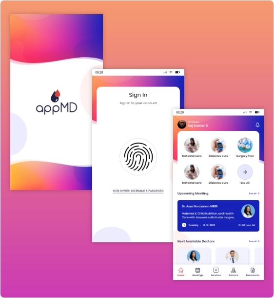 Mobile app interface design for appMD showing login screen and user dashboard with doctor appointment options.