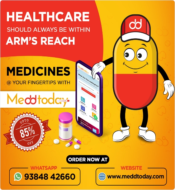 Cartoon capsule character promoting online medicine ordering through Meddtoday with discounts up to 85%.