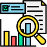 Magnifying glass over charts and documents, indicating data analysis or reporting.