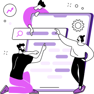 Team pointing at a search bar on a large document
