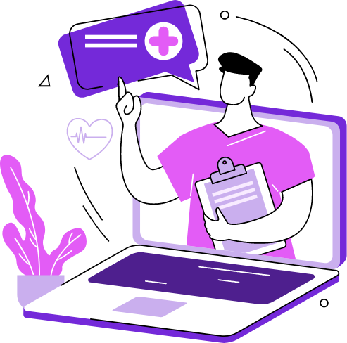 Illustration of a healthcare professional appearing from a laptop screen, holding a clipboard and pointing to a medical chat bubble, symbolizing online health consultation.