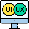 Icon of a computer screen showing UI and UX design overlapping circles.