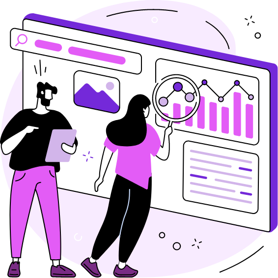 Large illustration (people analyzing dashboard)