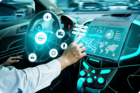 Person using futuristic touch-screen controls in a smart car.