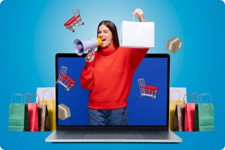 Woman with a megaphone and shopping bags coming out of a laptop screen.