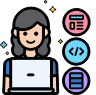 Woman with laptop surrounded by coding and content icons, representing a web developer or digital creator.
