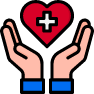 Hands holding a heart with a medical cross, representing health care or support.