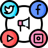 Social media icons around a speaker, indicating social media promotion.