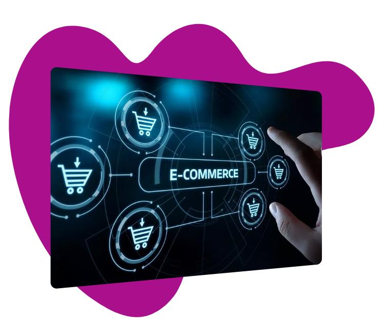 Futuristic interface showing the word 'E-commerce' with shopping cart icons.