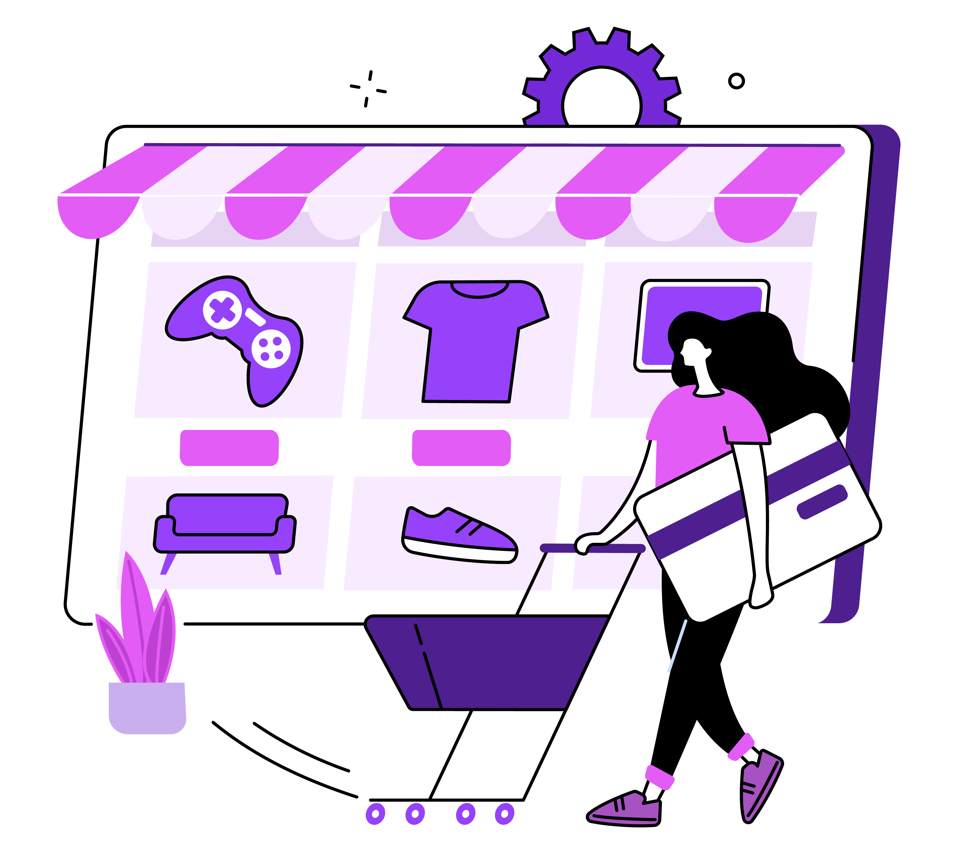 Illustration of a woman shopping online with a credit card and digital storefront.