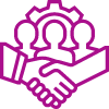 Handshake with gear and people icons