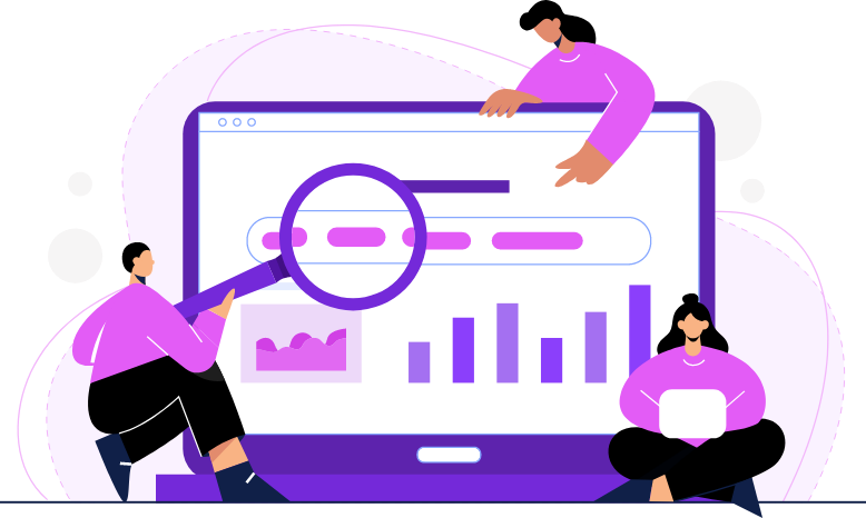 People analyzing a large screen with graphs and search bar