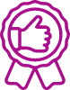 Thumbs up inside a ribbon symbolizing quality assurance