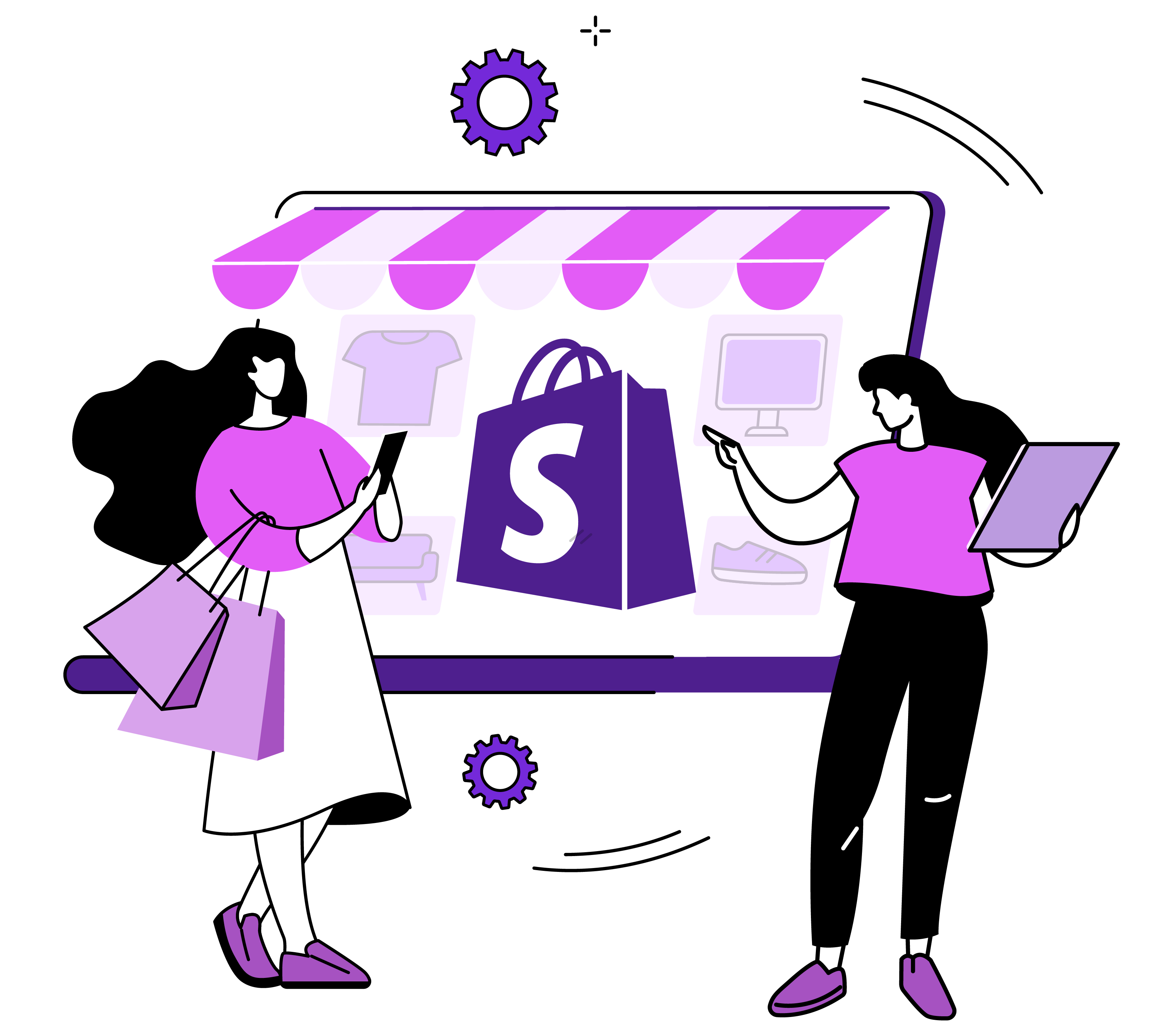 Illustration of two people in front of a digital storefront with a large shopping bag featuring the Shopify 