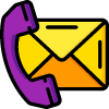 Icon showing a purple telephone handset overlapping a yellow envelope, symbolizing contact via phone or email.