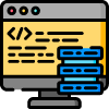 Icon of a computer monitor displaying lines of code, with stacked blue database symbols in front, representing web development or data integration.