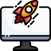 Icon of a computer screen with a red rocket launching, representing a startup or project launch.