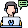 Icon of a support agent with a wrench symbol on a laptop and a speech bubble, representing customer or technical support.