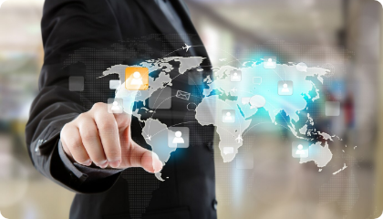 Businessman in a suit interacting with a digital holographic world map displaying connected icons representing global communication and networking.