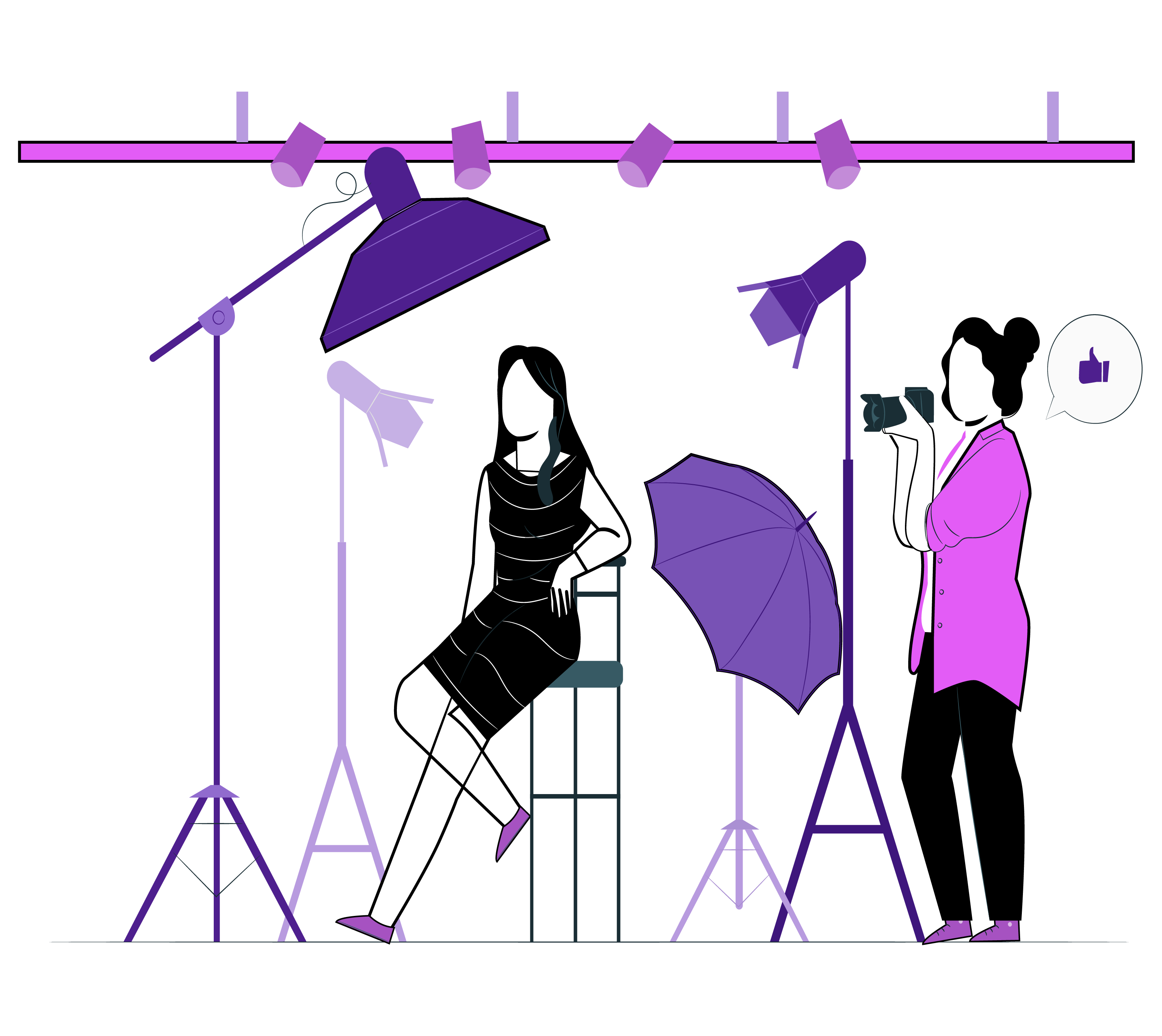 Illustration of Woman posing in a photography studio with lights and a photographer.
