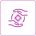 Icon of hands holding a heart with a medical cross.