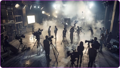 Film crew filming on a professional movie set with cameras and lights.