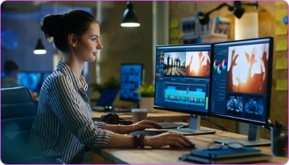 Woman editing video on dual computer monitors.