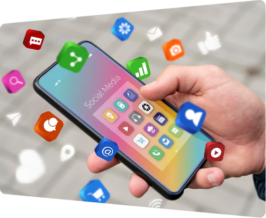 Smartphone displaying social media app with floating digital icons.