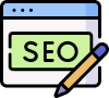 Icon of a browser window with SEO text and a pencil indicating on-page SEO editing.